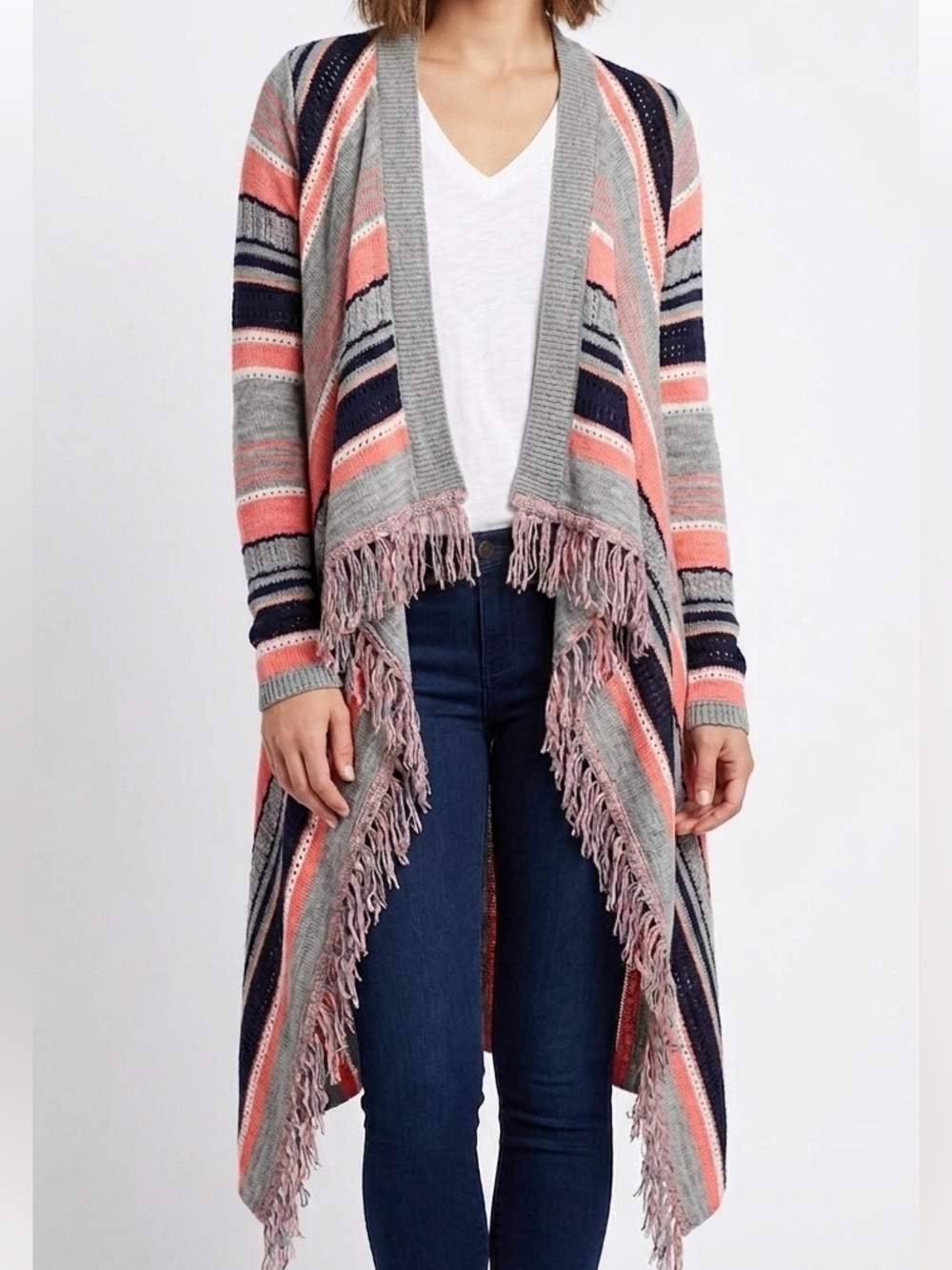 SAY WHAT Vintage Open Front Long Knit Cardigan Duster Fringe Stripes Size Small